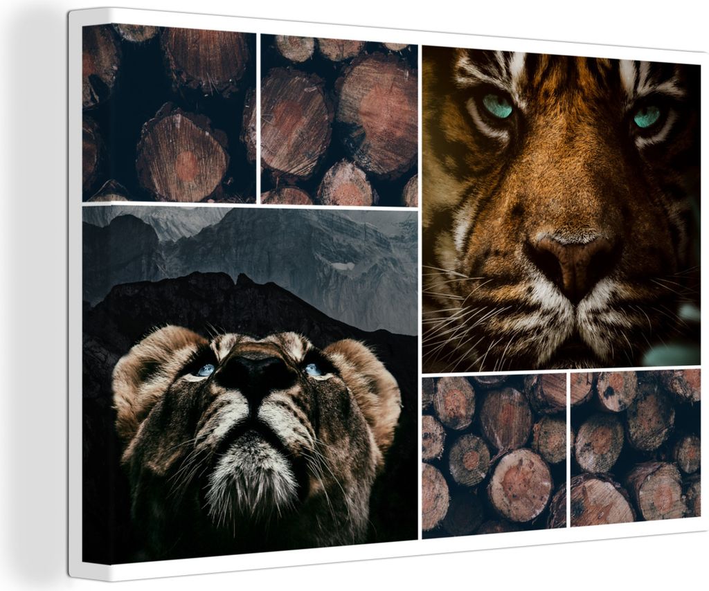 OneMillionCanvasses - Leinwandbilder - 150x100 cm, Collage - Tiger - Holz, Wandbilder Kunstdruck Wanddekoration