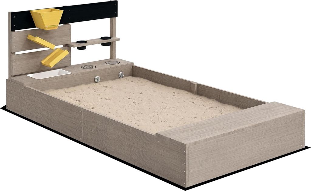 Sandkasten mit Wasserstation, 2 Pflanzkästen, behandeltes Massivholz, 154 x 80 x 60cm, Grau, für Garten und Terrasse