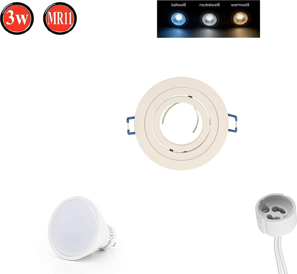 Einbaustrahler Schwenkbar 35° GU10 Ø85mm Bohrloch Alu inkl. GU10 5W Warmweiß 350lm LED Leuchtmittel Weiß Brushed Rund