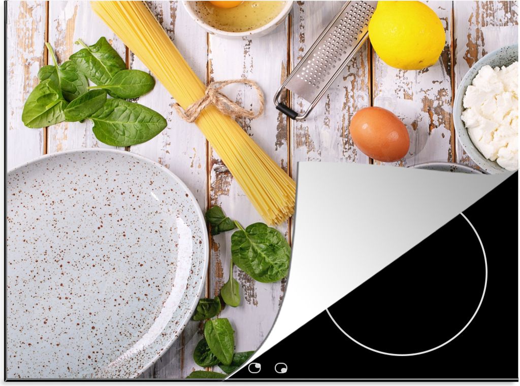 KitchenYeah Herdabdeckplatte Nudeln - Kräuter - Ei - Zitrone - Küche , 58x51cm, Küche Deko, Glaskeramikkochfeld Herdabdeckung, Abdeckplatte f...