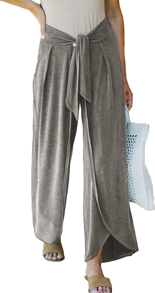 ASKSA Damen Weite Hosen Breite Beinschlitz Palazzo Hose Strandhose Sport Freizeithose mit Guertel, Hellgrau, Groesse: S
