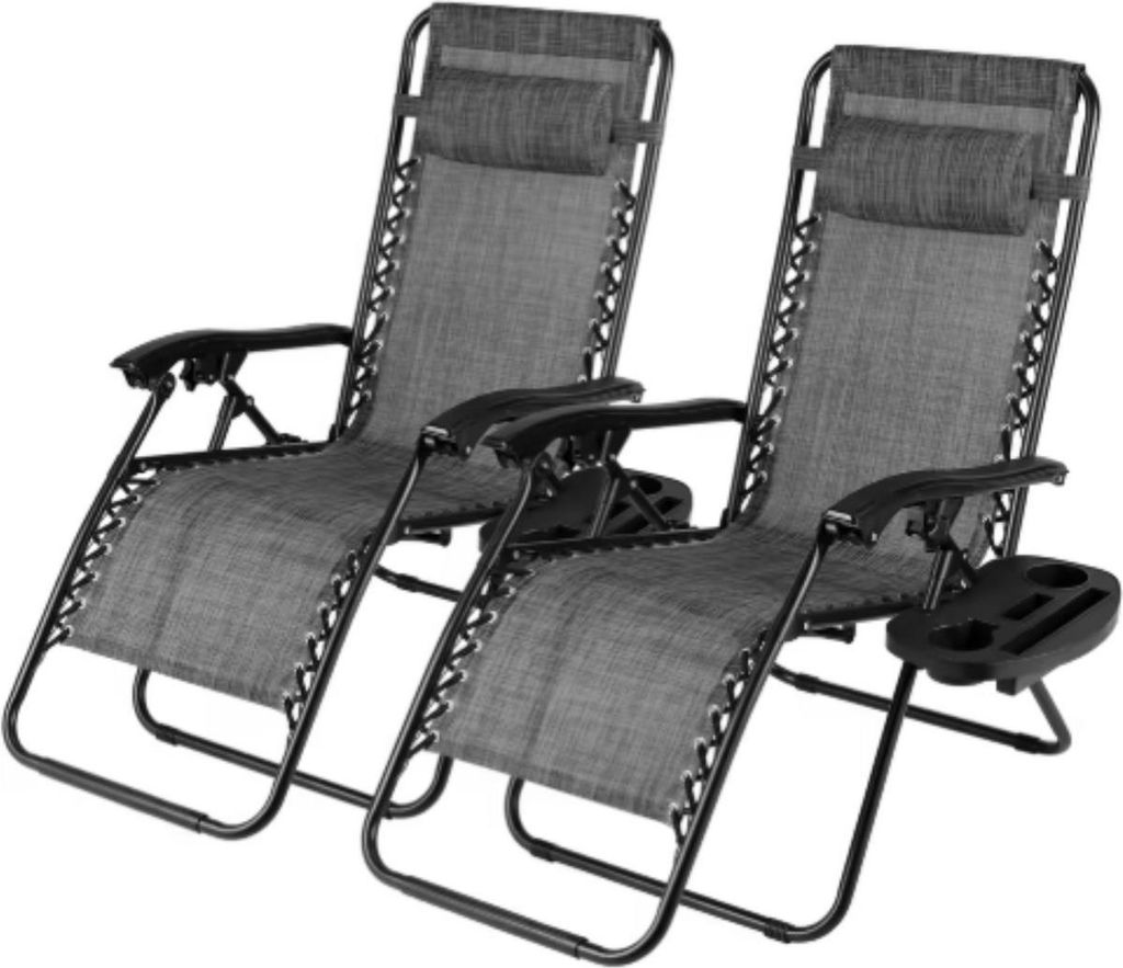 Valora Klappstuhl – 2x Zero Gravity Gartenstühle mit Verstellbarer Rückenlehne, Kissen & Getränkehalter – Grau