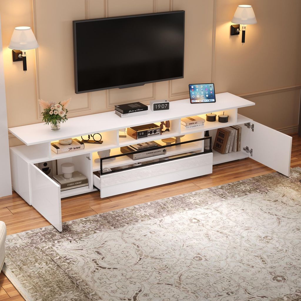STILVORA Lowboard B180×T38×H45 cm – TV-Schrank mit LED-Beleuchtung und 10 Ablageflächen, hochglänzendes TV-Regal mit 2 Schränken und Schubla...