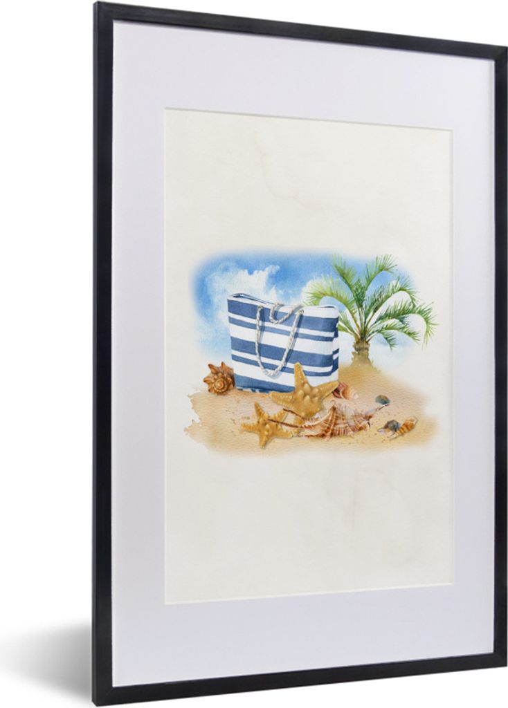 MuchoWow MuchoWow Gerahmtes Poster Tasche - Palme - Muscheln 40x60 cm - Poster mit zchwarzem Bilderrahmen - Poster in Rahmen