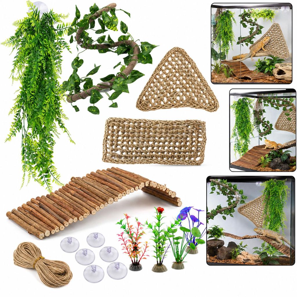 10er Set Terrarium Hängematte aus natürlichem Seegras, Reptilien Kletterplattform mit Saugnapf, Bartagame Zubehör für Gecko Chamäleon & Schlangen