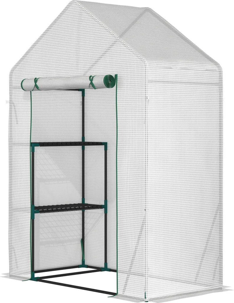 Serre de jardin 143x73x195 cm en acier avec porte coulissante et étagères