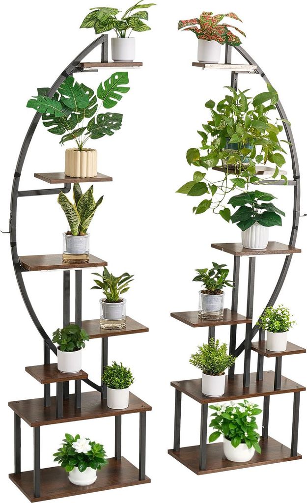 Two tiered plant stands with plants on each tier, against a white background.