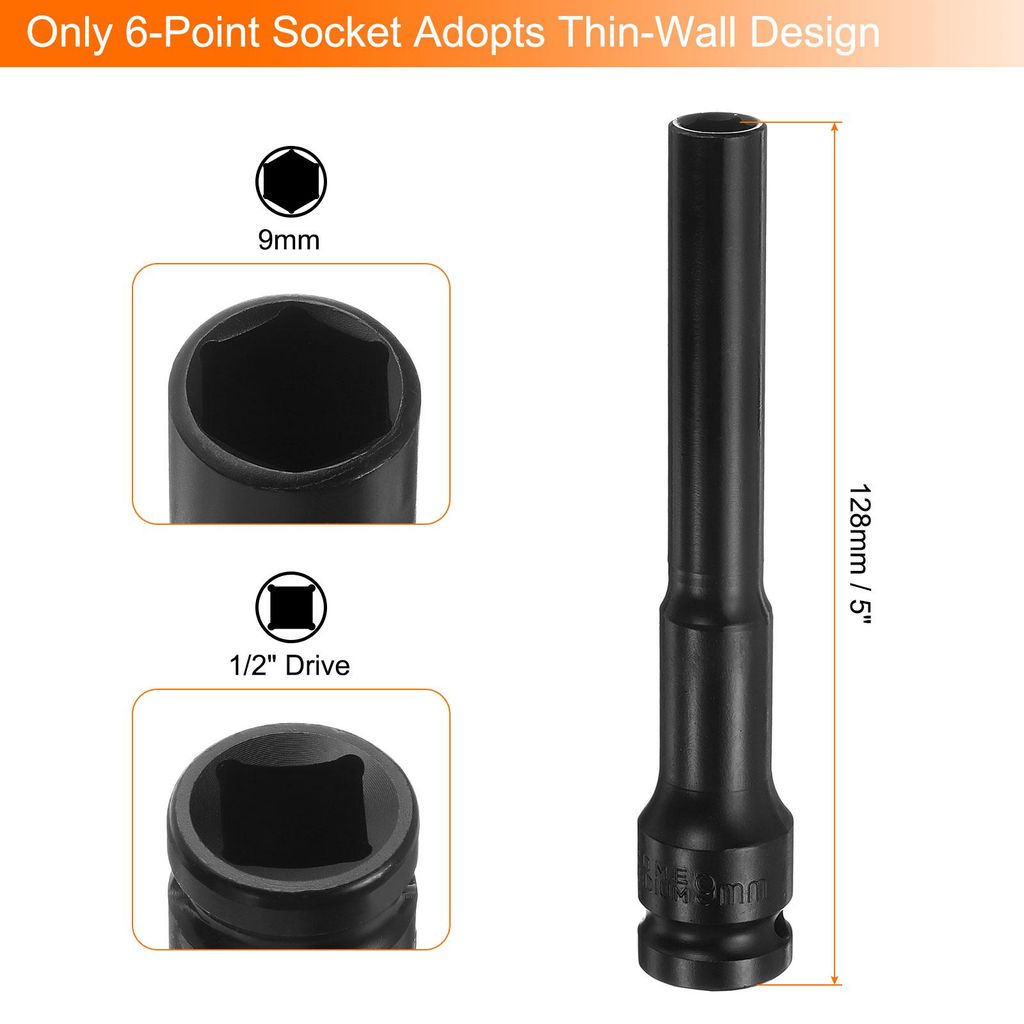 2 Stš¹ck Tiefe Dš¹nne Wand Schlagschrauber Stecknuss 9mm Metrisch 6 Punkt Stecknuss 1/2" Vierkant Antrieb 5" Lang CR-V Stahl Industriequalit?t ...