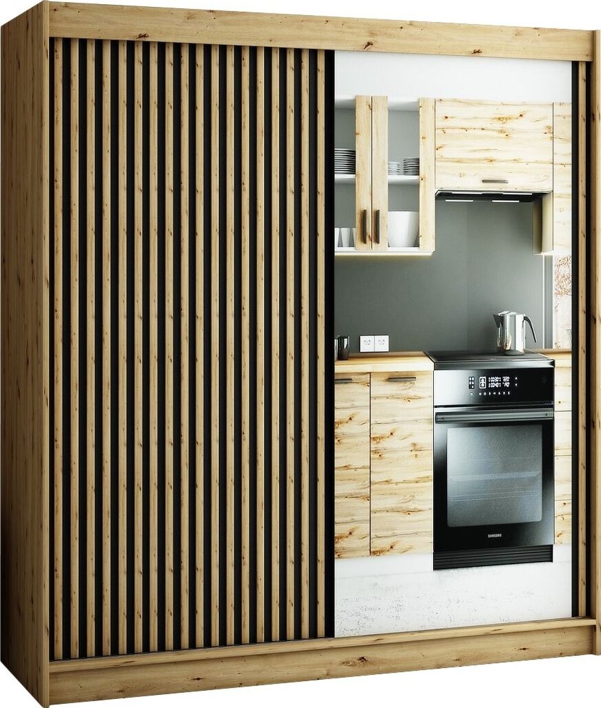 Kryspol Schwebetürenschrank LAMELO 2 200 mit Zierstreifen und Spiegel, Flurgarderobe mit 2 Kleiderstange, Modern Design