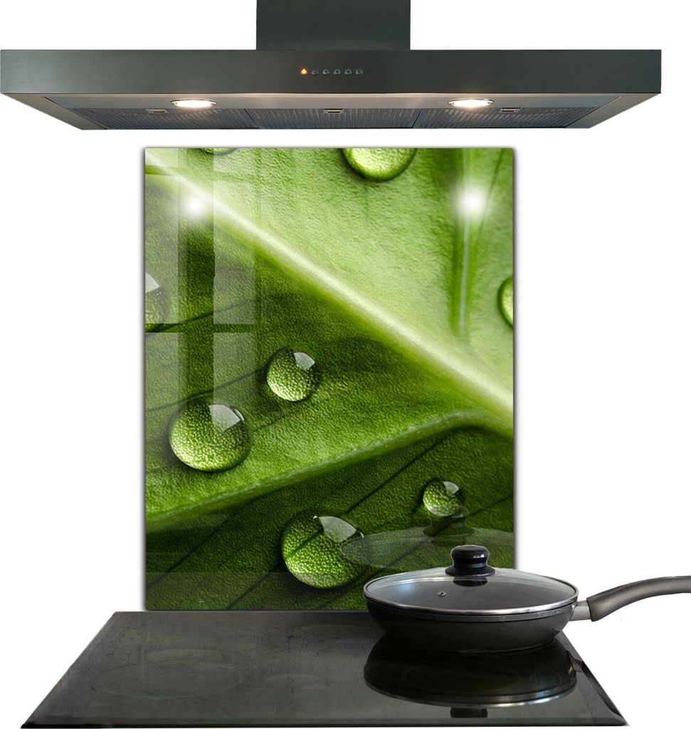 Spritzschutz aus Glas Küchenrückwand - Wandschutz für Herd und Spüle - 60x80 cm - Blatt mit Tropfen einer Morgenrose