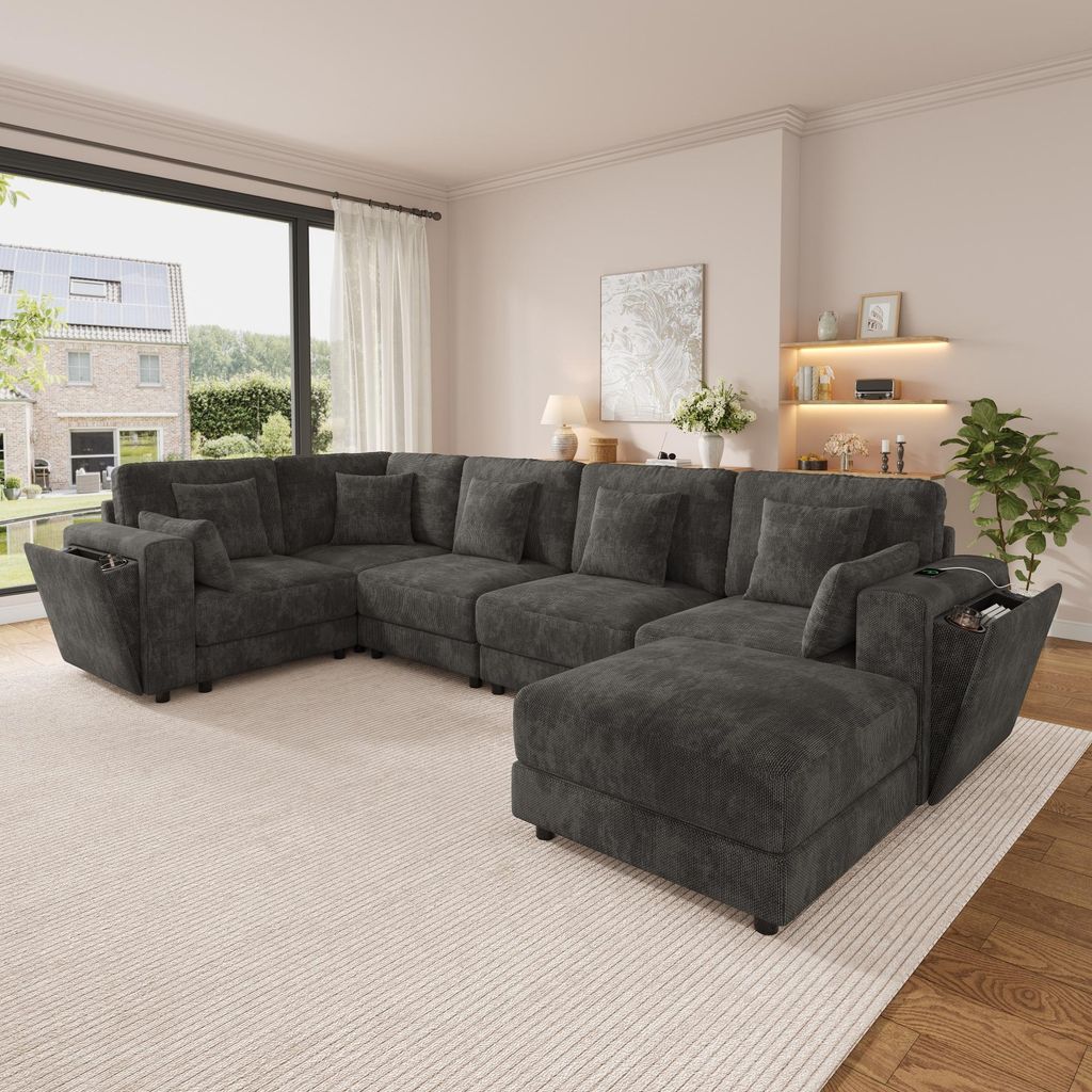 STILVORA Modulsofa 6-Sitzer mit USB- und Type-C-Anschlüssen, Ecksofa L/U-Form mit Becherhaltern und Stauraum, Wohnlandschaft aus Chenille mit 7 Ki...