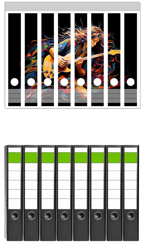 Wallario 8 Stück schmale Ordner inkl. Klebeetiketten mit Motive Farbiges Gitarrenspiel - Set mit Rückenschildern / Ordnerrücken Stickern