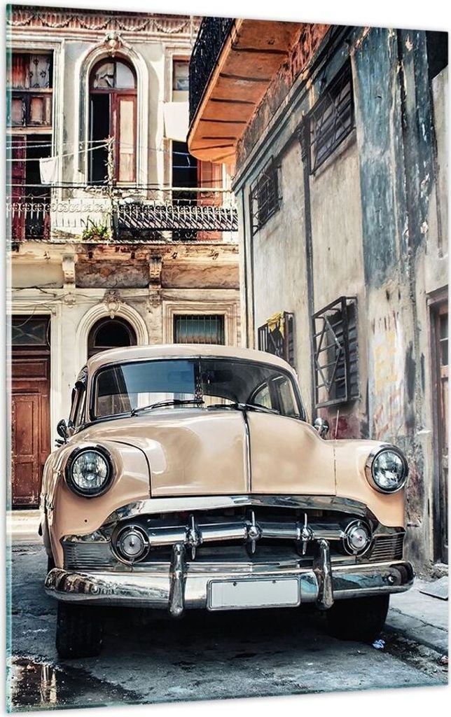 Bilder auf glas - Einteilig - Kubanisch Auto Mietshäuser - 50x70cm - Glasbilder - Wandbilder - Bilder - zum Aufhängen bereit - Wanddekoration aus...