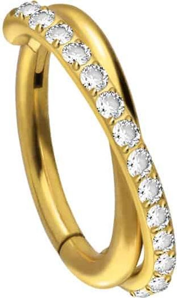 Ohrpiercing, Nasenpiercing, Septum Piercing Titan Segmentring Clicker 2 RINGE ÜBERKREUZT + EINGEFASSTE KRISTALLE Gold Innendurchmesser: 8mm + Stab...