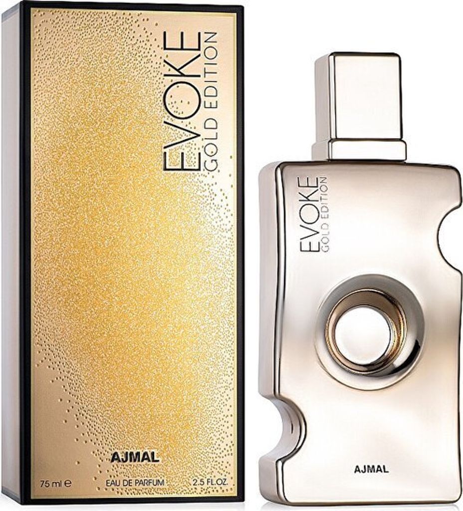 A perfume bottle and its packaging are displayed against a white background.