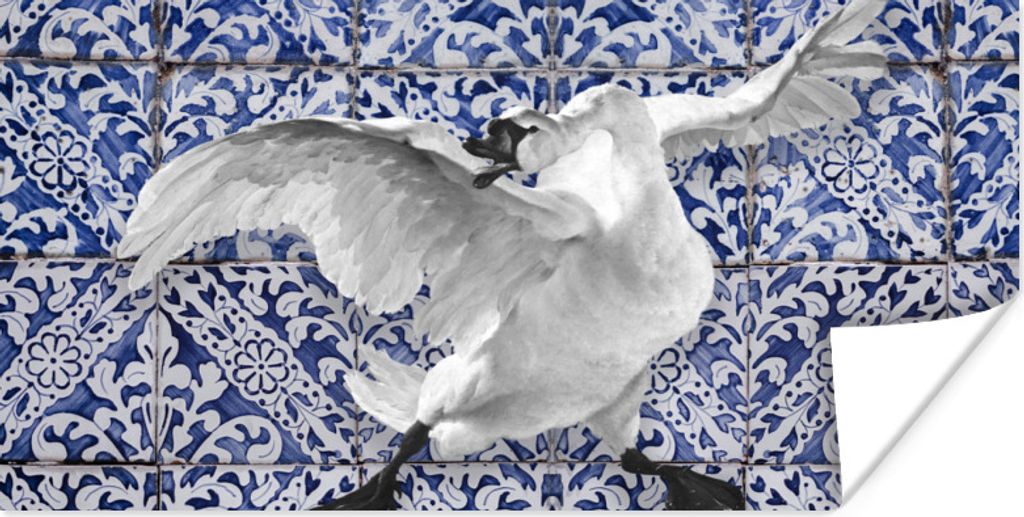 MuchoWow Poster Schwan - Kunst - Delfter Blau - Malerei - Alte Meister 150x75 cm - ohne Rahmen