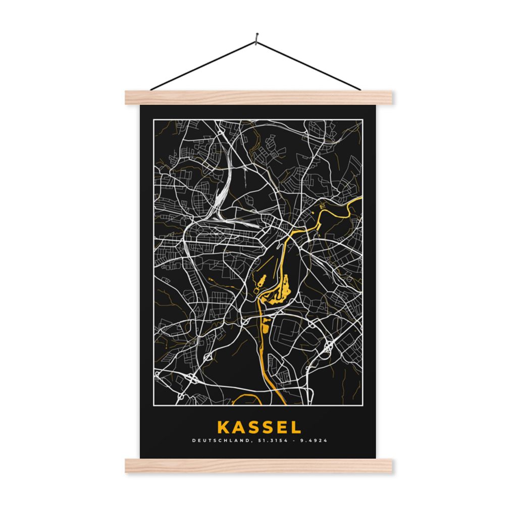MuchoWow Textilposter Kassel - Deutschland - Karte - Stadtplan - Gold - Karte 60x90 cm mit holzfarbenen Rahmen - Textil