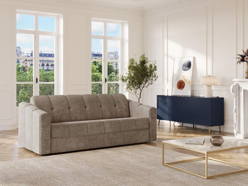 Schlafsofa mit Matratze 3-Sitzer - Strukturstoff - Taupe - Liegefläche 140 cm (breite Latten) - Matratze 14 cm - DARIELO