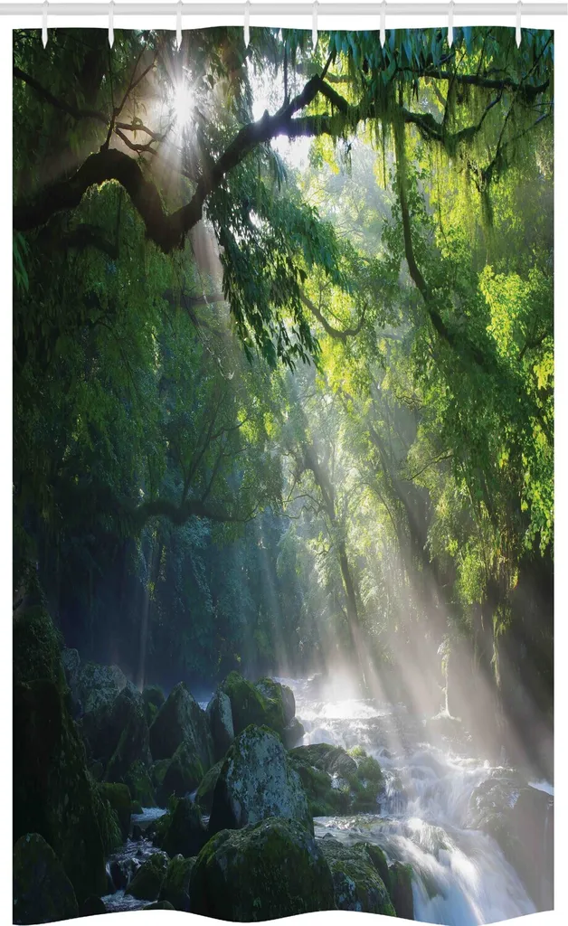 ABAKUHAUS Tenda da doccia stretta Rainforest, Jungle Sunlight Trees, set decorativo per bagno in tessuto con ganci, 120 x 180 cm, verde bianco