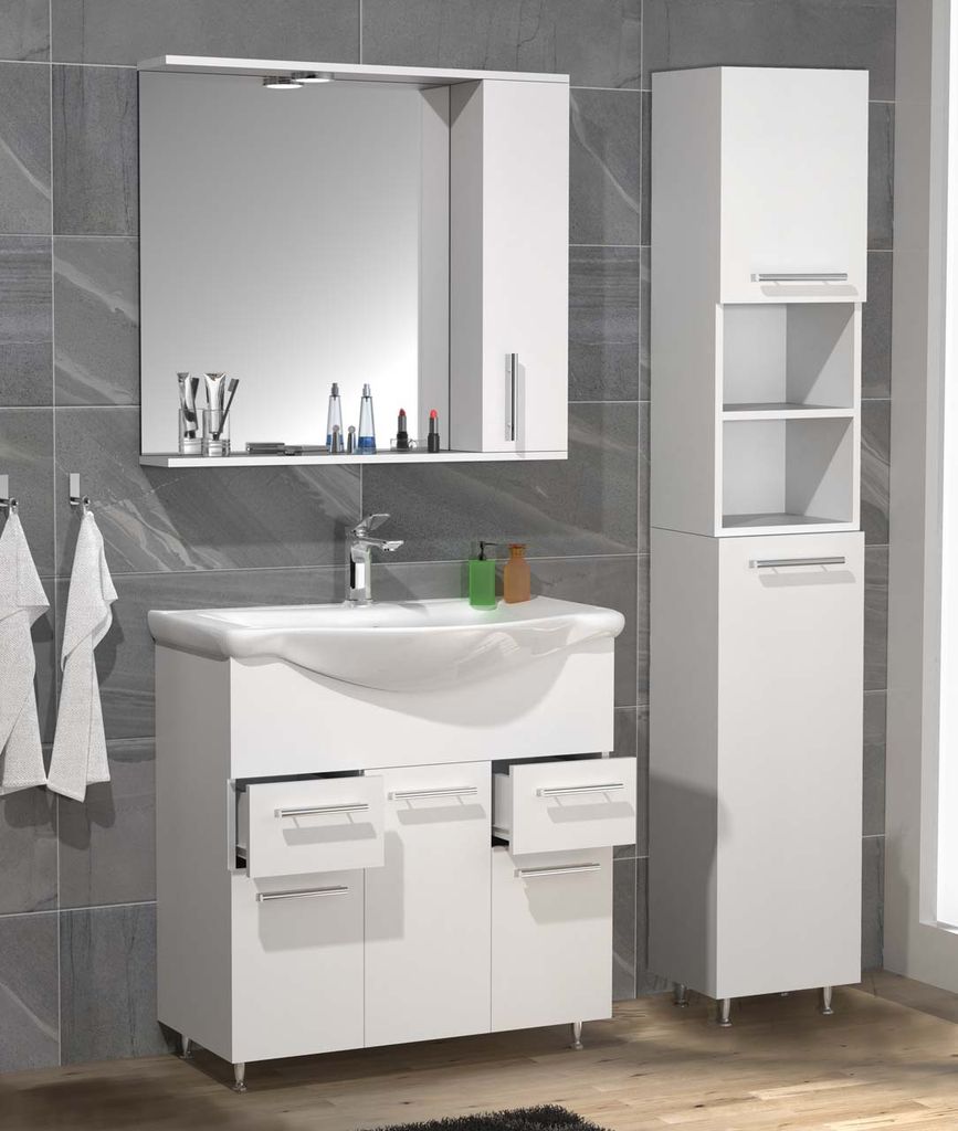 VCM 4-tlg. Waschplatz | Waschtisch Badmöbel Unterschrank 75 cm | Set mit Waschbecken Spiegelschrank Hochschrank | Schubladen und Drehtüren | Komp...