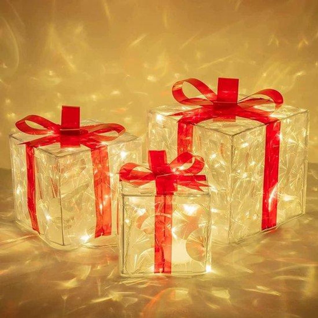 Kerstdekorationssatz mit 3 beleuchteten Geschenkboxen - Weihnachtspaket-Box - Weihnachtsdekoration – Weihnachtsbaum - Weihnachtsbeleuchtung für ...