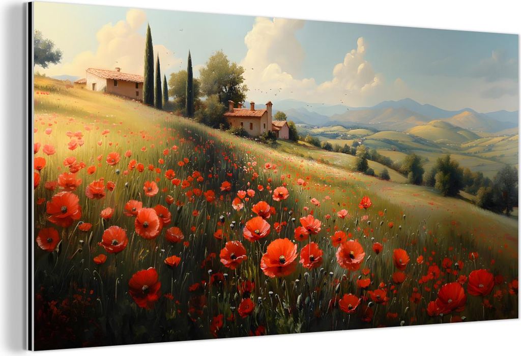 MuchoWow Wanddekoration Metall Metallbild Wandkunst 120x60 cm Mohnblumen - Rot - Hügel - Landschaft MuchoWow Aluminium Gemälde - Metalbilder