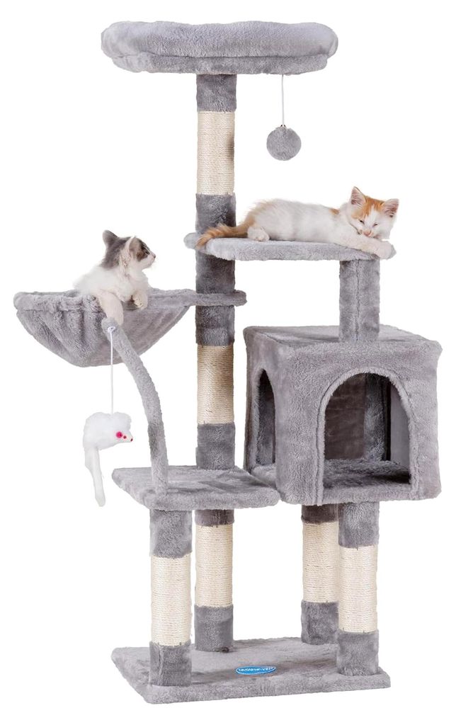 Katzenbaum, 111 cm mit Spielzeug, Plattform, Hängematte und Sisal-Kratzstämmen, Grau