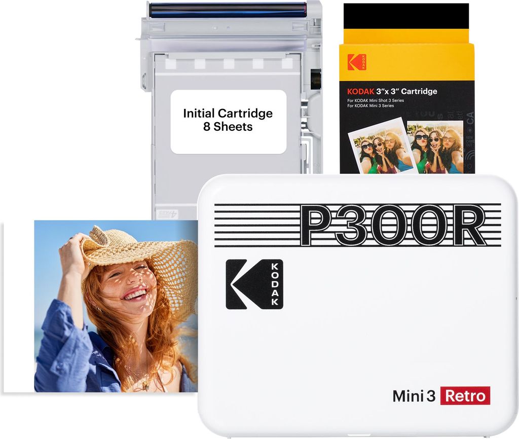 Kodak P300RBWB – Mini 3 Retro Smartphone Fotodrucker in Weiß mit 4PASS Laminierung