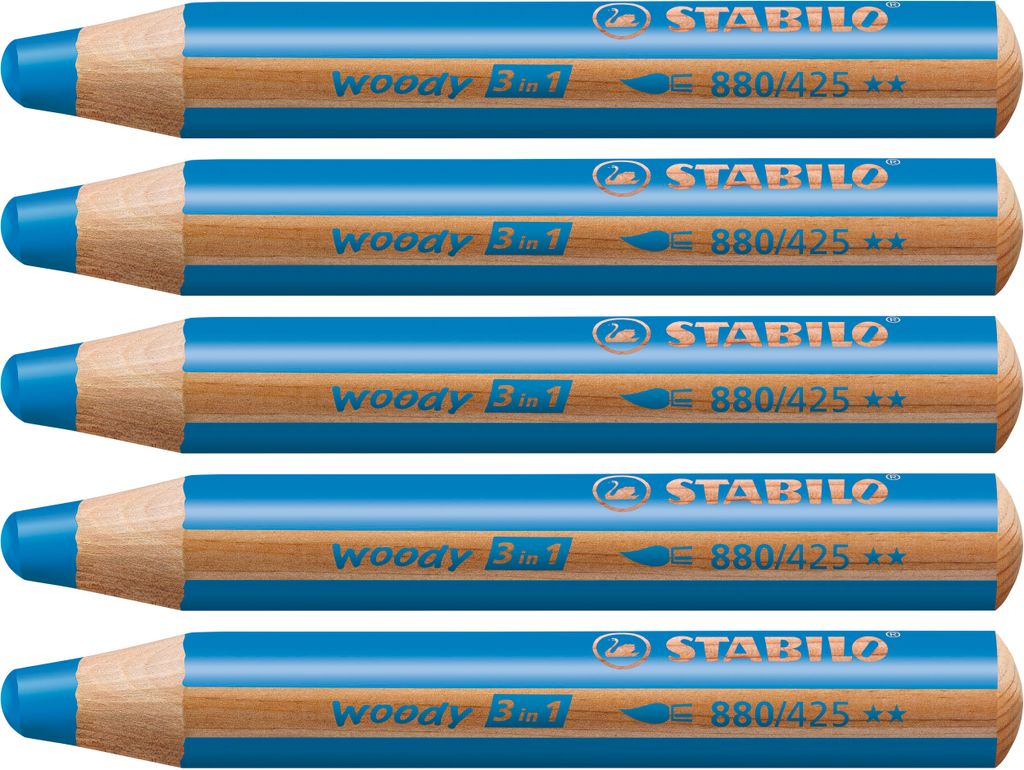 Buntstift, Wasserfarbe & Wachsmalkreide - STABILO woody 3 in 1 - 5er Pack - mittelblau