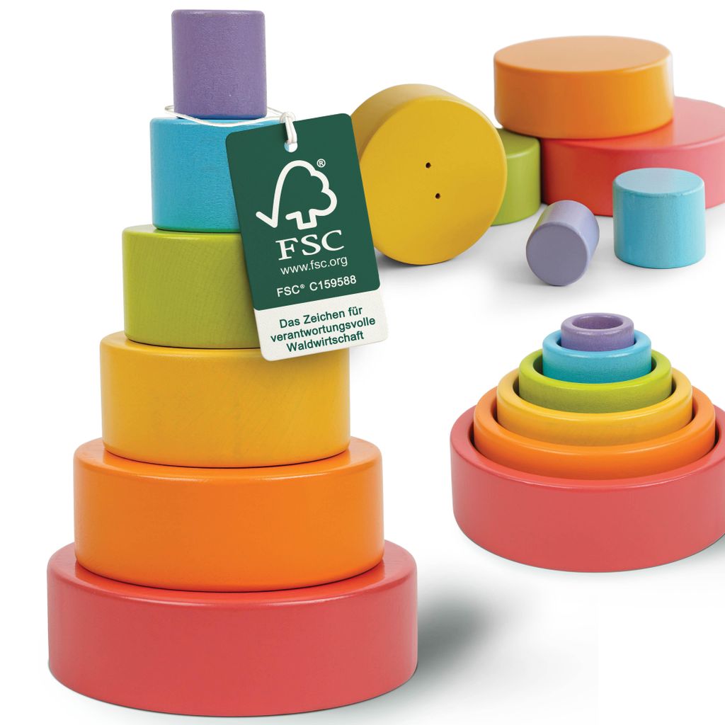 MERLE TOYS 6 bunte Stapelbecher Baby, 100% ÖKO, Baby Stapelturm 1 Jahr, Stapelspielzeug ab 1 Jahr, Stapelturm Holz, Stapelturm Baby Holzspielzeug