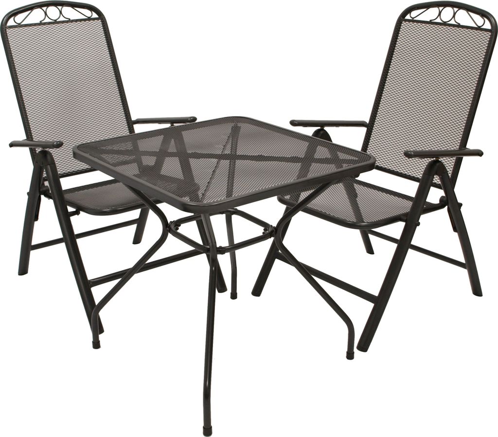 DEGAMO Gartengarnitur Gartengruppe Sitzgruppe CLASSIC 3-teilig (2x Klappsessel, 1x Tisch 70x70cm), Streckmetall anthrazit