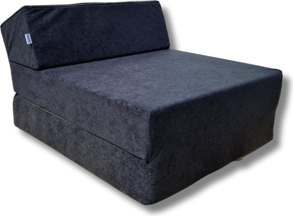 A dark gray foldable mattress/chair is shown from a diagonal front-view.