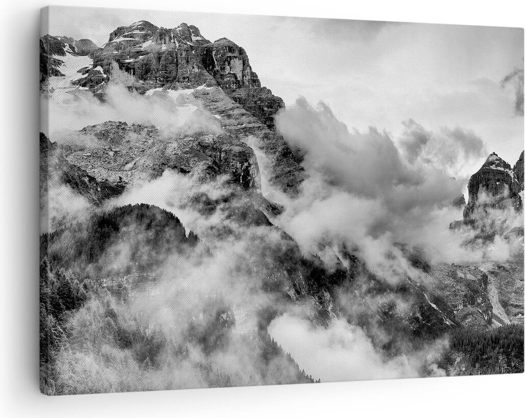Bild auf Leinwand - Leinwandbild - Berge Nebel Gipfel - 70x50cm - Wand Bild - Wanddeko - Wandbilder - Leinwanddruck - Bilder - Kunstdruck - Wanddek...