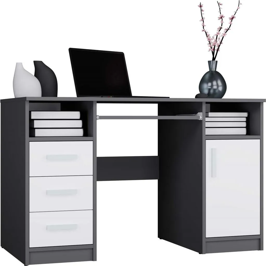 Bureau Delta 120 cm avec 3 Tiroirs Armoire et Étagères Blanc Gris