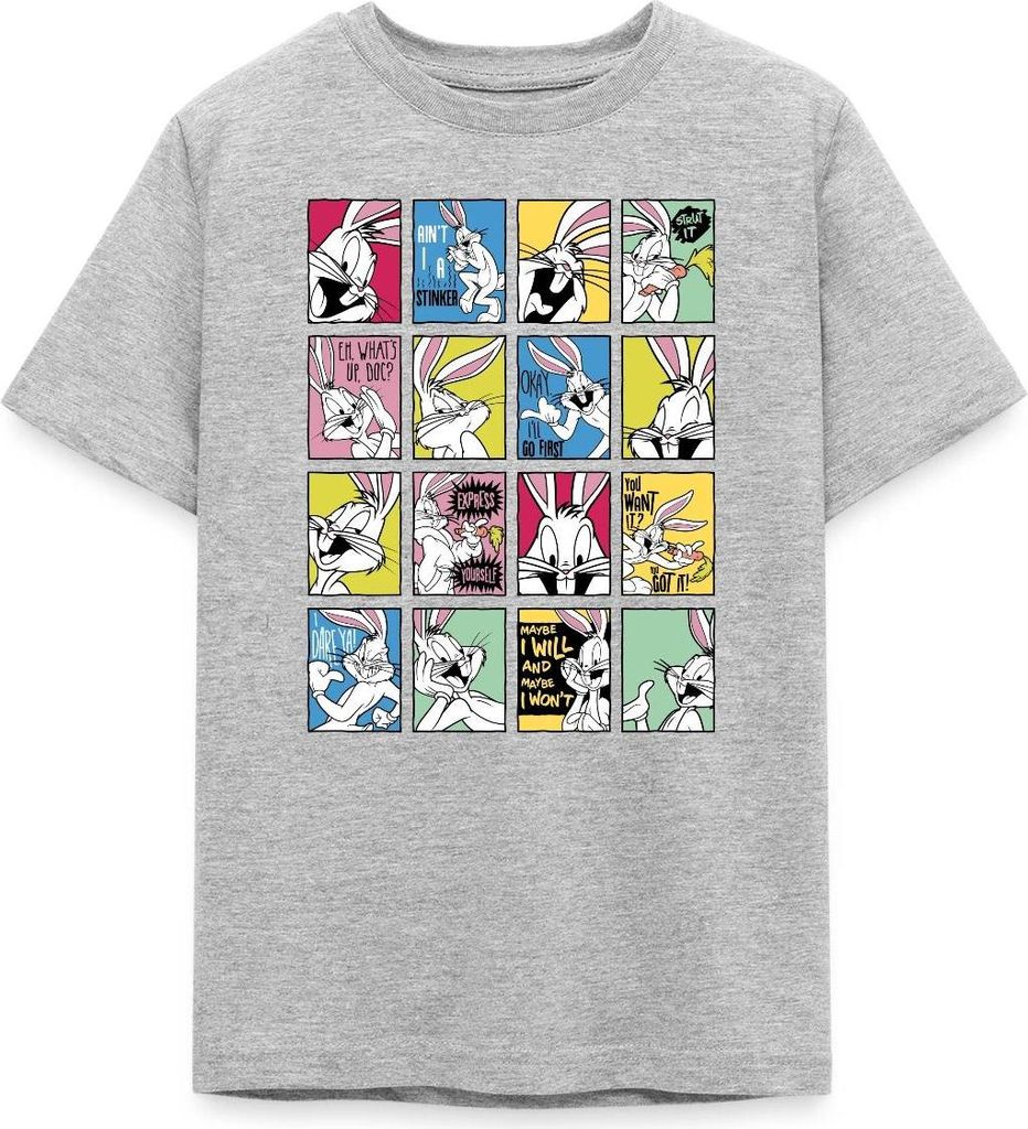 Spreadshirt Looney Tunes Bugs Bunny Kacheln Teenager T-Shirt, 152/164 (12-14 Jahre), Grau meliert