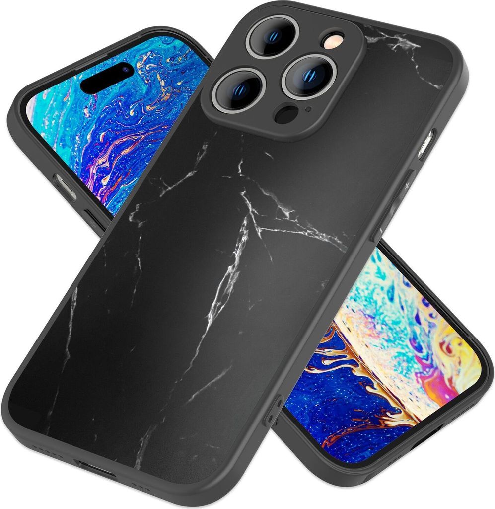 Glas Hülle für iPhone 14 Pro Max, Marmor Look Hardcase Silikon Rand Handy Cover Schwarz