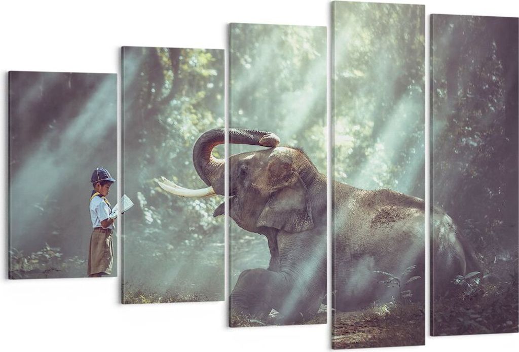 Bild auf Leinwand - Leinwandbild - Elefant Dschungel Stoßzahn - 150x100cm - Wand Bild - Wanddeko - Leinwanddruck - Bilder - Kunstdruck - Wanddekor...