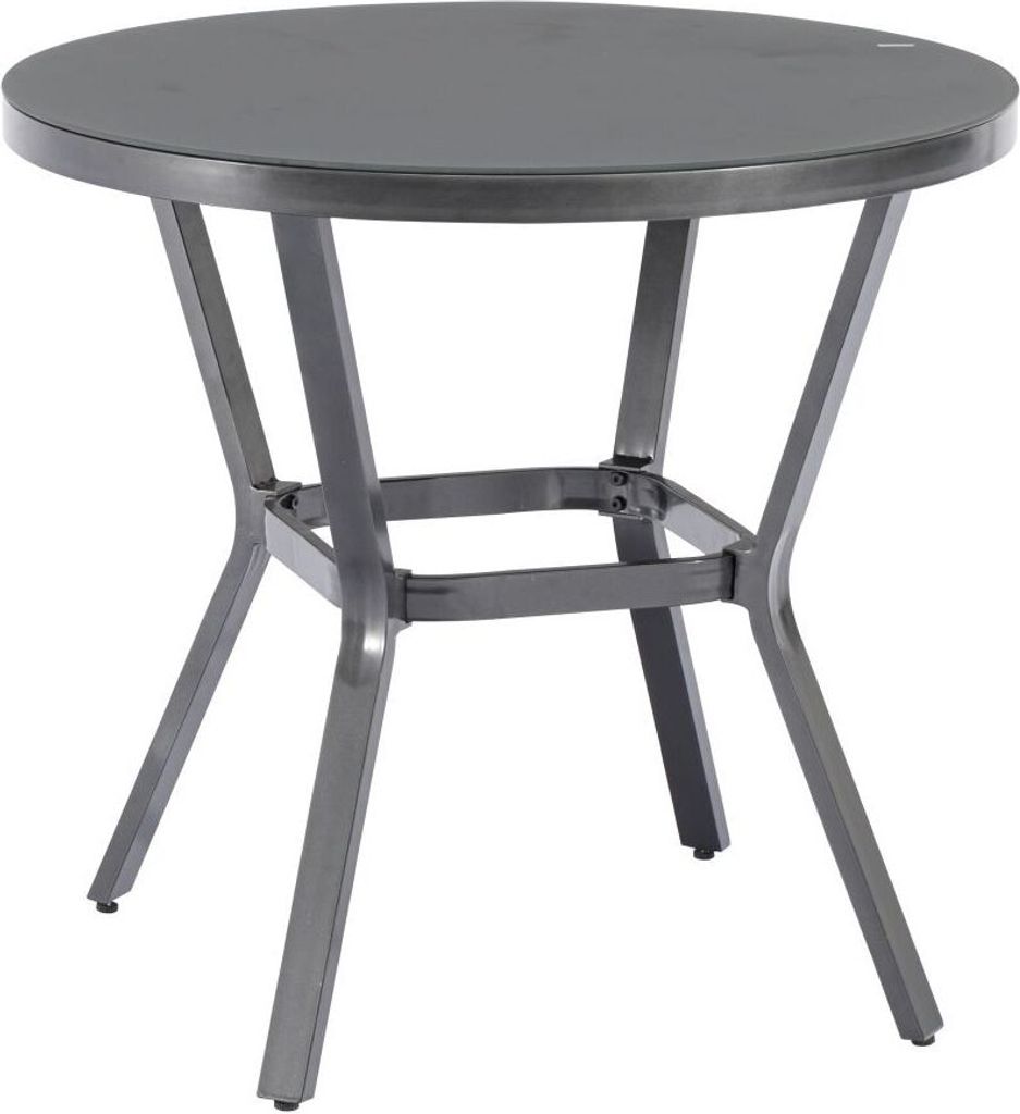 A round metal table with a dark top and a gray base, shown from a slightly elevated angle against a white background.