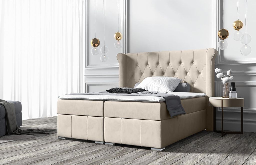 Beautysofa Boxspringbett Massi, 2 Bettkästen, Bonnellfederkernmatratzen, Kopfteil gesteppt (Stoff: Matt Velvet 08 - Creme, Breite: 200 cm)