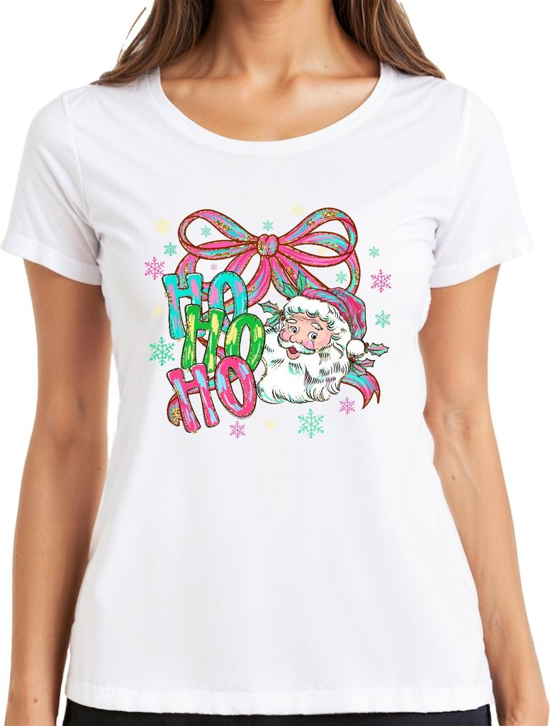 Ho Ho Ho Weihnachtsmann Schleife Schneeflocken Retro Geschenk Damen T-Shirt, Weiß, XL