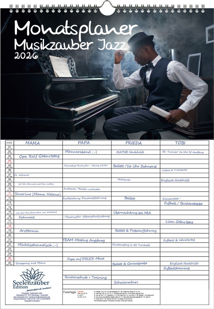 Musikzauber Jazz Planer Familienplaner 4 Spaltenplaner DIN A3 Kalender für 2026 Jazz und Instrumente - Seelenzauber