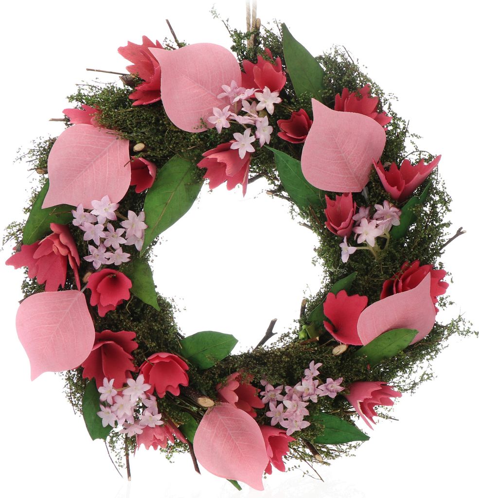 COM-FOUR Türkranz Frühling mit Blumen aus Holz und Blättern - Dekorativer Tischkranz - Kranz Deko mit Aufhänger