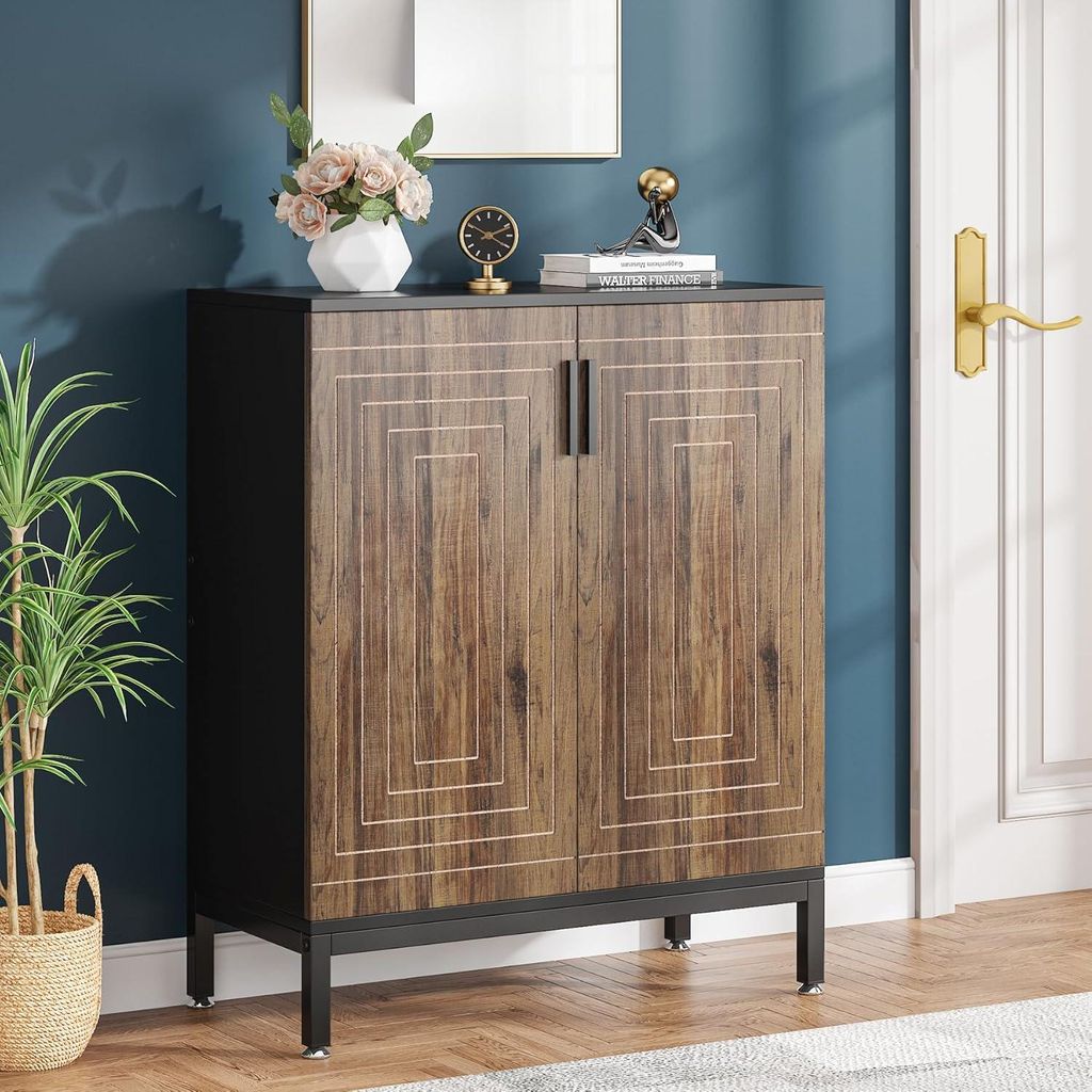 A shoe cabinet is shown in a hallway next to a door and a plant.