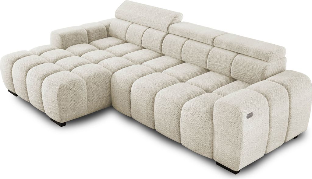 Ecksofa OMBO 285x168x77/97 cm, Linke Seite Mit Schlaffunktion, Elektrisch Ausziehbarer Sitzfläche, Verstellbaren Kopfstützen, Dunklen Buchenholzf...