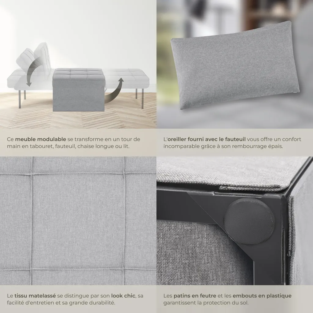 Lit d'appoint et fauteuil de salon PONTO gris clair idéal petits espaces - 5