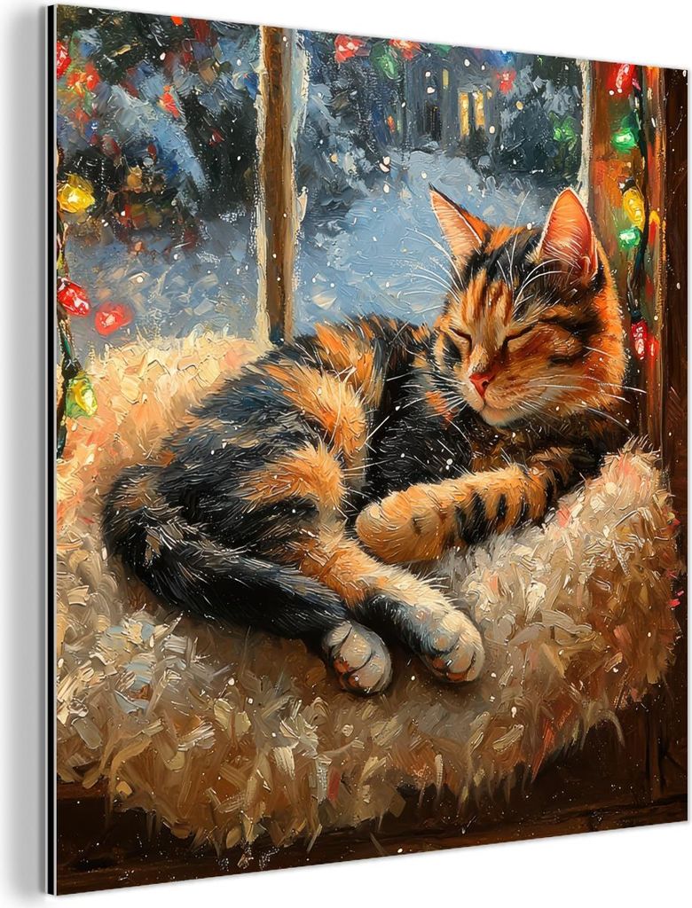 MuchoWow Wanddekoration Metall Metallbild Wandkunst 90x90 cm Katze - Weihnachten - Winter - Tier MuchoWow Aluminium Gemälde - Dekoration - Industr...