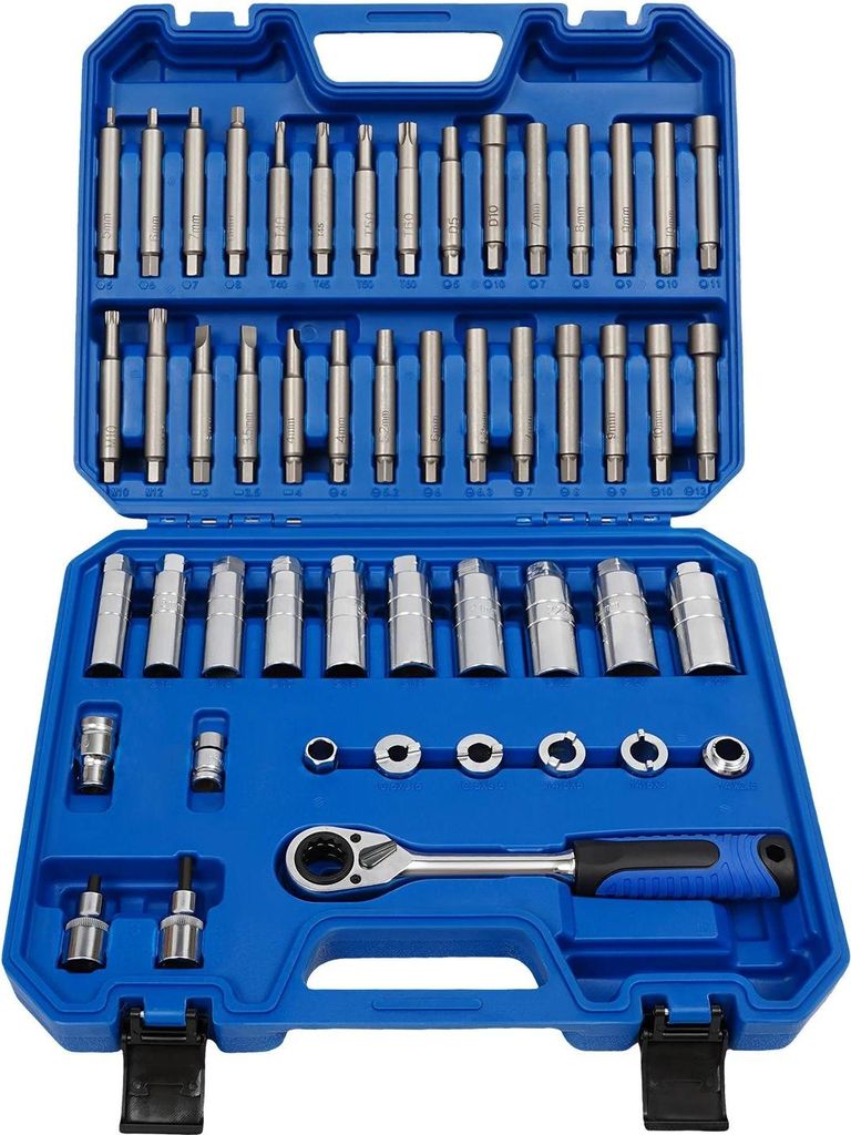 Stoßdämpfer/Federbein Mutter- und Buchsenwerkzeug - 50-teiliges Set - Topmutter Ausbau/Einbau - Chrom-Vanadium-Stahl - Blau/Silber