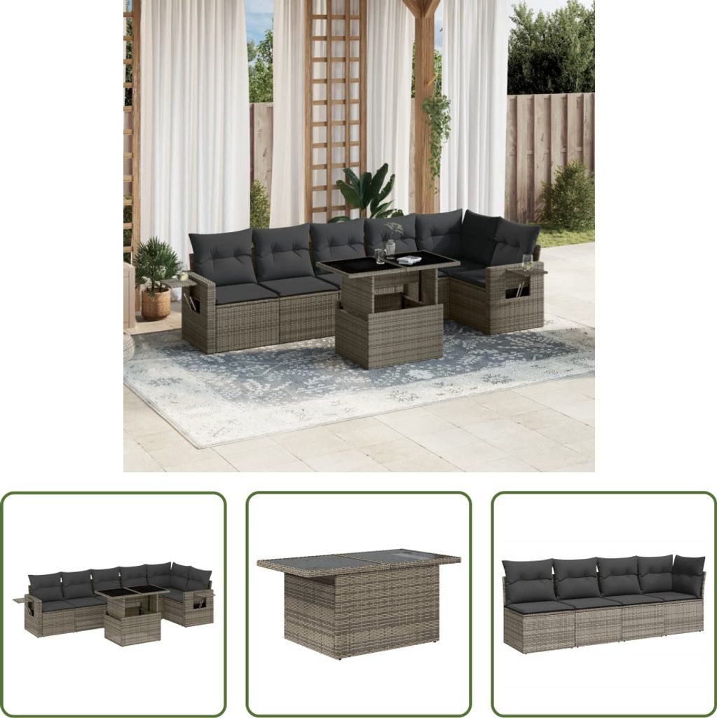The Living Store 7-tlg. Garten-Sofagarnitur mit Kissen Grau Poly Rattan