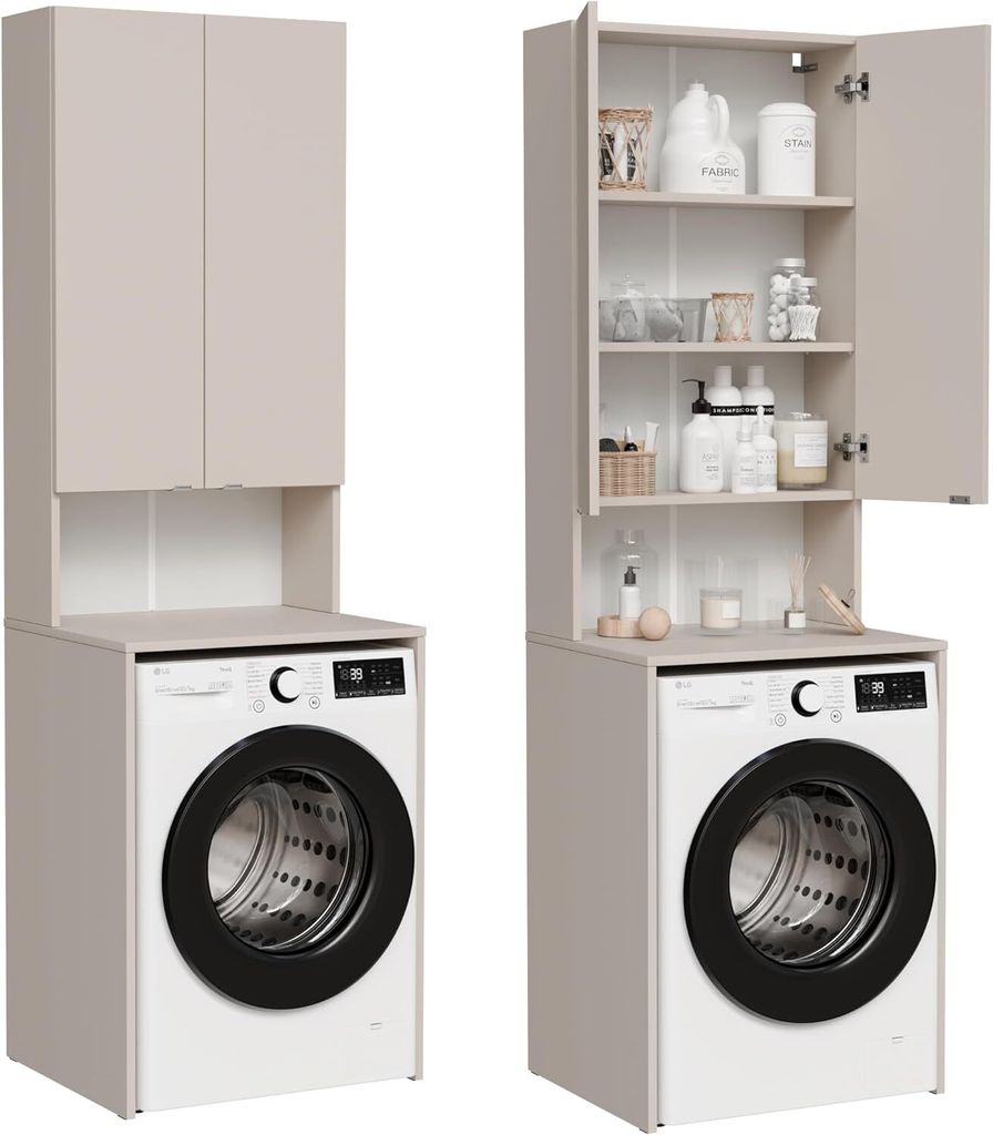 Two views of a beige washing machine cabinet with a washing machine inside. The left view shows the cabinet with closed doors above the washing machine. The right view shows the cabinet with open doors, revealing shelves with various bottles and containers