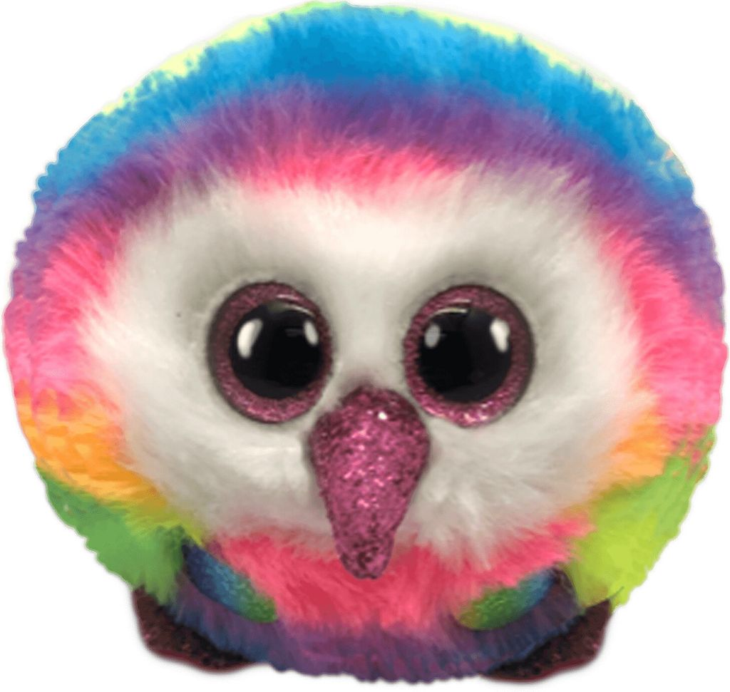 A close-up, front-facing studio shot of a colorful, round, plush owl toy with large, glittery eyes and a glittery beak.